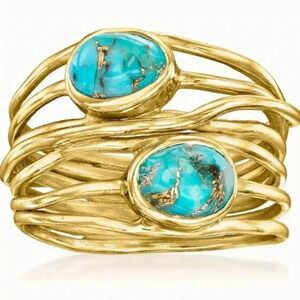 Gold Plated Tone Artisan Looking ring with Turquoise howlite stones - NEW